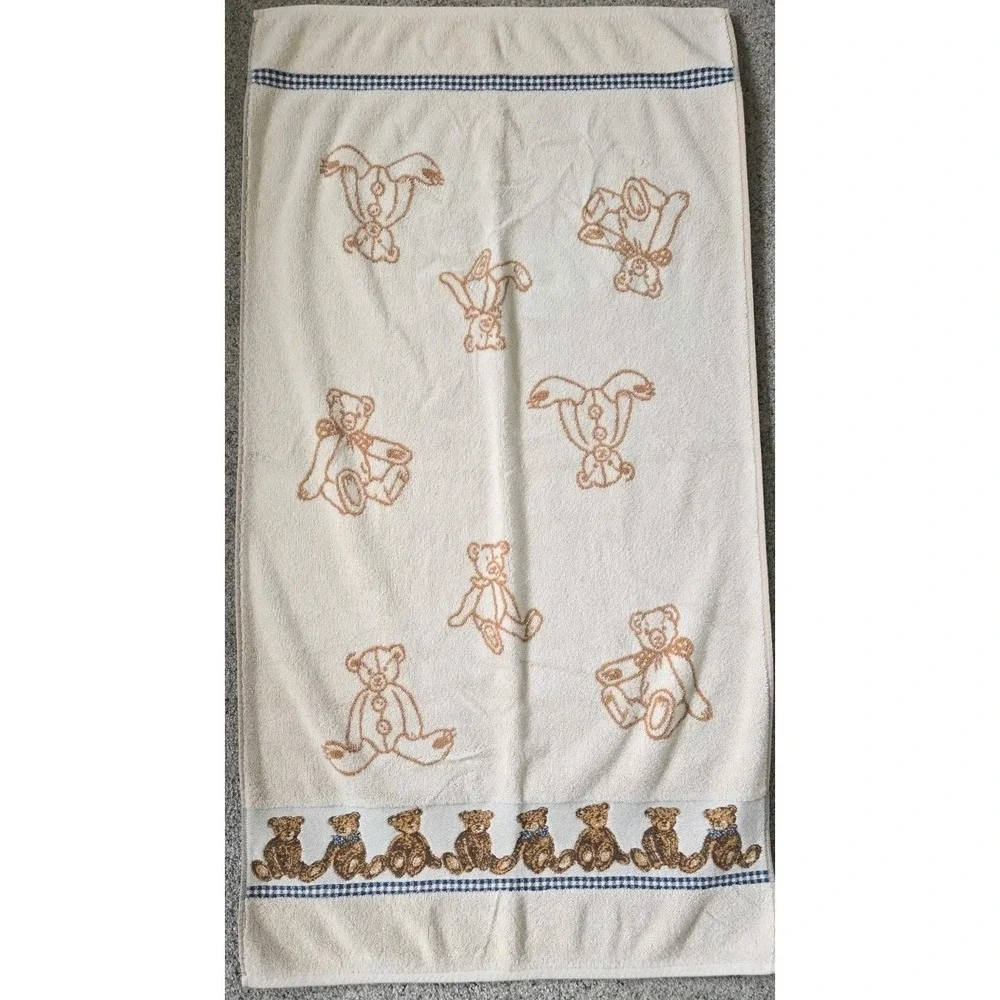 Vintage 90s Teddy Bear Reversible Bath Towel Heavy Jacquard‎ Plush Cotton